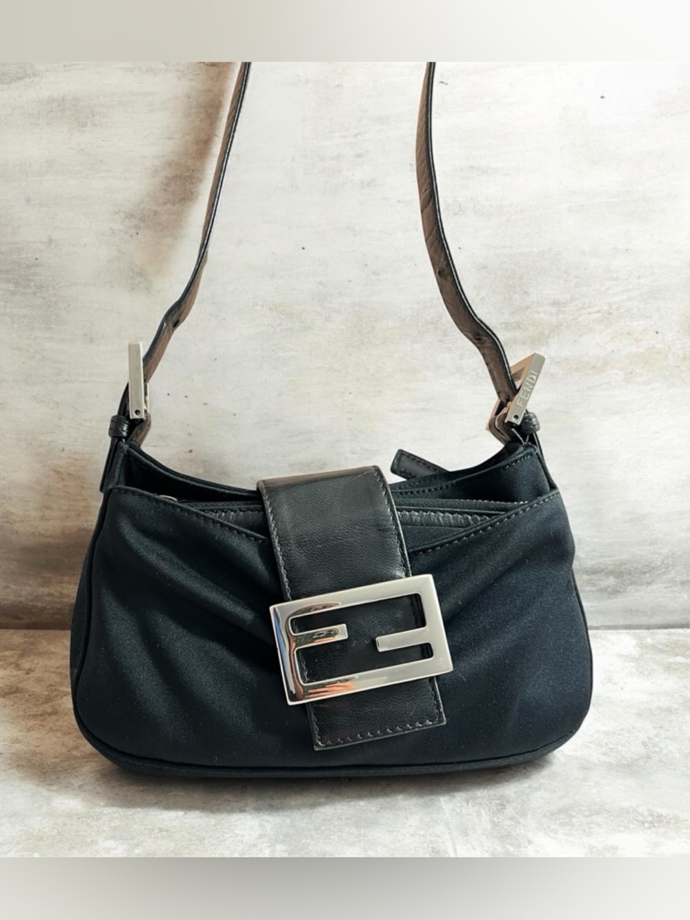 AUTH FENDI Mini Baguette Nylon Shoulder Bag with Silver Tone FF Buckle AUTHENTIC